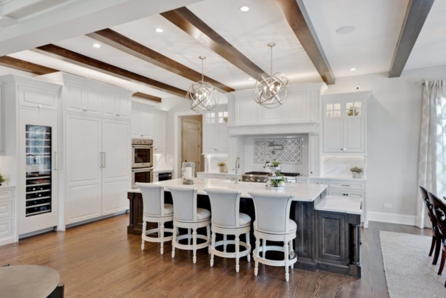 White Cabinets with Rustic Wood Island